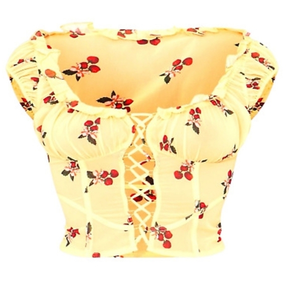 PrettyLittleThing Tops - Pretty Little Things Strawberry Yellow Lace-Up Top